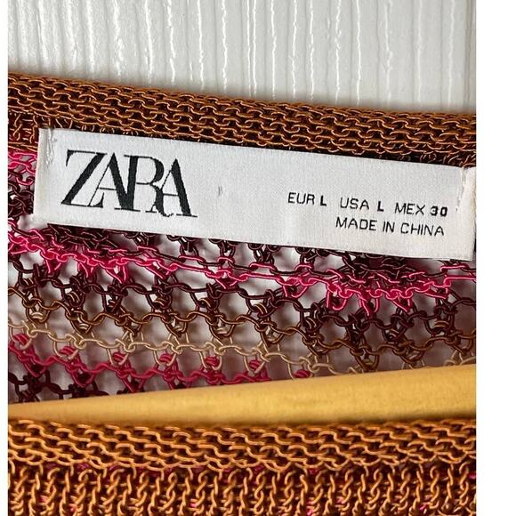 Zara Pink Multi Open Knit Long Sleeve Crop Sweater Women's Size L - Picture 3 of 4